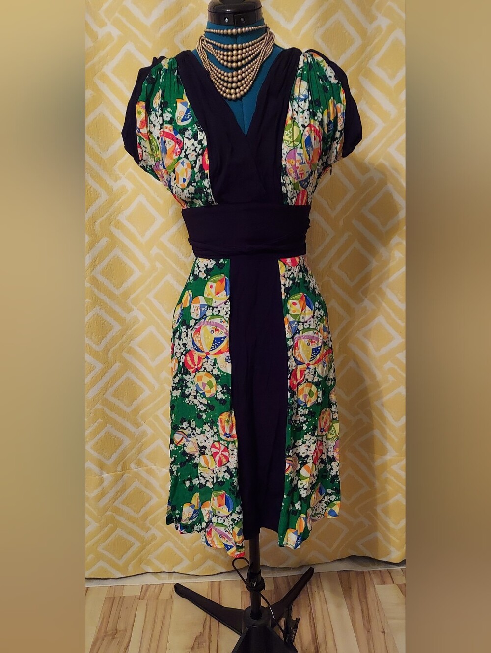Trashy Diva Retro Vintage Style Green Kimono Obi Dress, 2 - Picture 1 of 14
